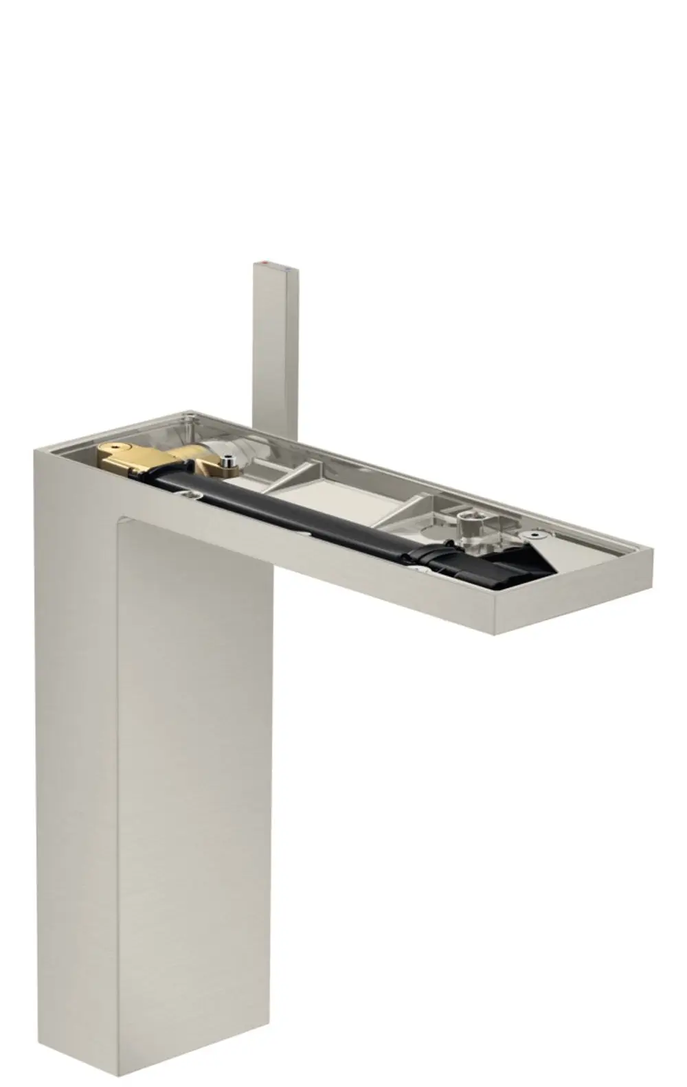 Edelstahl-Waschtischmischer mit integriertem Push-Open Ablauf, geeignet für Aufsatzwaschtische. Design von AXOR.